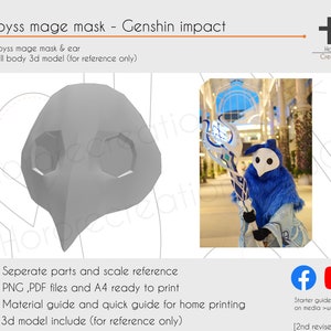 May include: A gray 3D model of a mask with two eye holes and a beak-like nose. The mask is for a cosplay costume of the Abyss Mage character from the video game Genshin Impact. The image also shows a person wearing a blue and white costume holding a staff.
