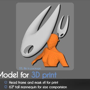 May include: A 3D model for printing, featuring a white head frame and mask design, with an orange mannequin for size comparison. The text reads "Model for 3D print" and "STL file in package". The mannequin is 63 inches tall.