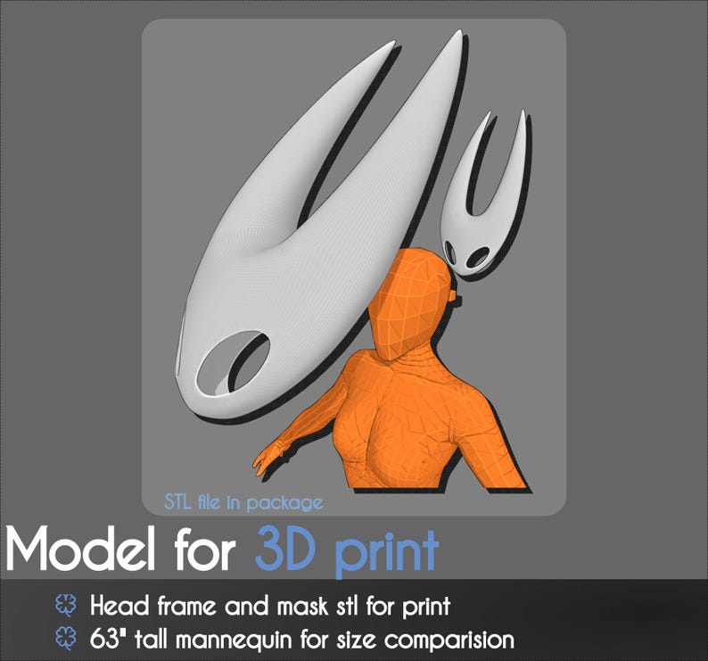 May include: A 3D model for printing, featuring a white head frame and mask design, with an orange mannequin for size comparison. The text reads "Model for 3D print" and "STL file in package". The mannequin is 63 inches tall.
