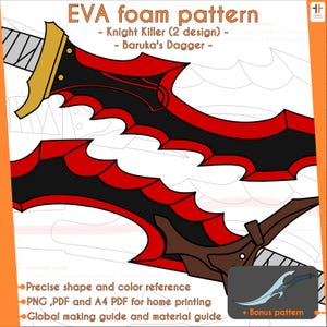 Może przedstawiać: Cyfrowy wzór na czerwony i czarny miecz z brązową rękojeścią. Wzór jest oznaczony jako "EVA foam pattern - Knight Killer (2 design) - Baruka's Dagger -" i zawiera dodatkowy wzór na mniejszy niebieski miecz.