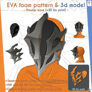 Könnte beinhalten: Illustration eines EVA-Schaummusters und 3D-Modells einer Prowler-Maske. Die Maske ist hauptsächlich grau und schwarz mit orangefarbenen Akzenten. Das Bild enthält separate Teile, Maßstabs- und Farbreferenzen sowie Anweisungen für den Heimdruck. Der Text auf dem Bild lautet "3D for print."