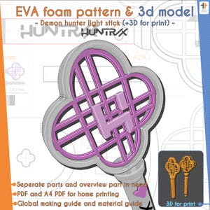 Può includere: Modello 3D di un bastone luminoso di Demon Hunter, con un design viola e grigio e un motivo a griglia. L'immagine include il testo "EVA foam pattern & 3d model" e "HUNTRAX". Il bastone luminoso è lungo circa 24 cm.