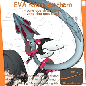 Puede incluir: Un patrón digital para la elaboración de un accesorio de personaje utilizando espuma EVA. El patrón incluye un contorno detallado de un arma con un esquema de color rojo y gris. El texto "EVA foam pattern" está en la parte superior de la imagen. El texto "Jane doe dual knifes - Jane doe ears & tail -" está debajo del título. El texto "Precise unfold shape and color reference" está en la parte inferior de la imagen. El texto "PNG, PDF and A4 PDF for home printing" está debajo del texto anterior. El texto "Global making guide and material guide" está debajo del texto anterior. El texto "3D for reference" está en la parte inferior derecha de la imagen.