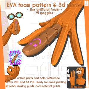 Jinx artificial finger (+ VI Goggles) - League of Legends : Arcane | Cosplay PDF pattern & template + 3D STL for print