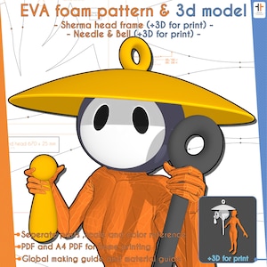 May include: A 3D model of a character wearing an orange outfit, a yellow hat, and holding a black ring and a yellow bell. The image includes text that reads "EVA foam pattern & 3d model".