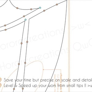 May include: A detailed sewing pattern with black lines and orange dots on a white background. The text "Horor creations" is visible, along with the phrases "Save your time but precise on scale and detail" and "Level & Speed up your work from small tips !! >w<."