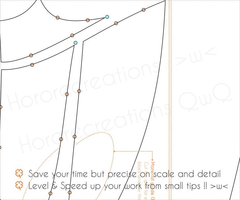 May include: A detailed sewing pattern with black lines and orange dots on a white background. The text "Horor creations" is visible, along with the phrases "Save your time but precise on scale and detail" and "Level & Speed up your work from small tips !! >w<."