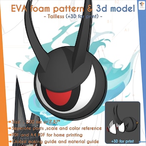 Può includere: Un personaggio dei cartoni animati in bianco e nero con una bocca rossa e un grande occhio bianco. L'immagine include il testo "EVA foam pattern & 3d model" e "Dimensioni 200 mm o 7,87". Il personaggio ha due corna ricurve ed è ambientato su uno sfondo blu e bianco.