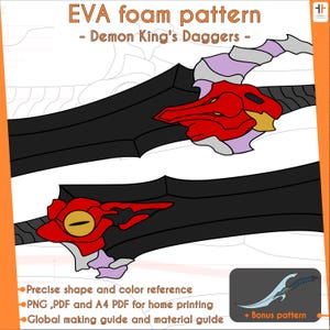 Puede incluir: Un patrón digital para la elaboración de un par de dagas rojas y negras con un diseño detallado. El patrón incluye formas precisas, referencias de color e instrucciones para la impresión en casa. El texto "Demon King's Daggers" está incluido en la imagen.