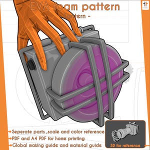 Puede incluir: Ilustración digital de un diseño de linterna, con un cuerpo rectangular gris y una fuente de luz circular púrpura. El diseño incluye una jaula protectora gris y está sostenido por una mano naranja estilizada. Texto: "EVA foam pattern - Lantern -".