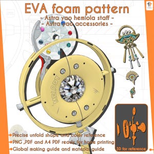 May include: A detailed diagram of a golden, circular, EVA foam prop with a large diamond in the center. The prop is labeled "MELODY" and has a smaller circular piece attached to the side. The diagram includes instructions for making the prop, including a 3D reference image.