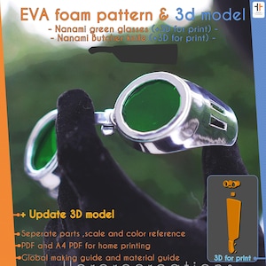 Peut inclure: Des lunettes à monture argentée avec des verres verts. L'image contient également le texte "EVA foam pattern & 3d model" et "Nanami green glasses (+3D for print)". Les lunettes sont tenues par une main gantée.