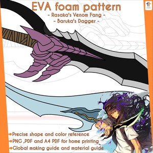 May include: A digital pattern for crafting a foam weapon, featuring a black and purple sword with a jagged edge and a blue and gold sword with a curved blade. The pattern includes instructions for making the weapon, as well as a guide to the materials needed.