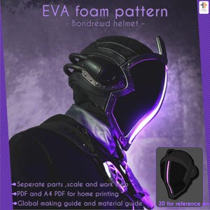 Puede incluir: Un casco de espuma EVA negro con una visera púrpura brillante, diseñado con un patrón Bondrewd. La imagen incluye el texto "EVA foam pattern - Bondrewd helmet -" y detalles sobre el patrón, incluyendo "Seperate parts, scale and work step".