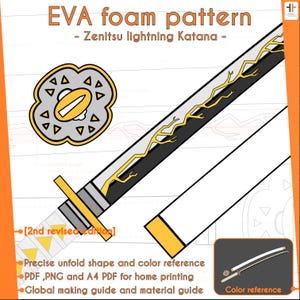 Może przedstawiać: Wzór pianki EVA dla katany błyskawicy Zenitsu. Projekt przedstawia szczegółową ilustrację katany z żółtymi akcentami błyskawic na czarnym ostrzu. Zawiera odniesienie do koloru i przewodnik po drukowaniu.
