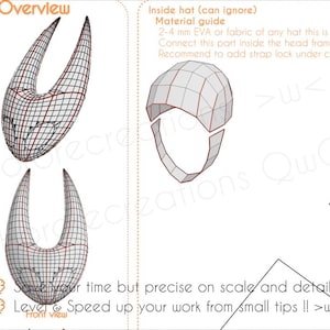 May include: An illustration of a 3D model of a horned headpiece, with a grid-like structure. The image also includes a diagram of an inside hat component and text that reads "Overview" and "Material guide".
