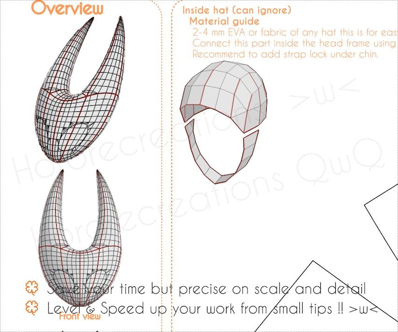 May include: An illustration of a 3D model of a horned headpiece, with a grid-like structure. The image also includes a diagram of an inside hat component and text that reads "Overview" and "Material guide".