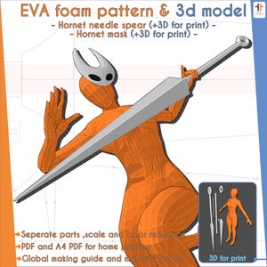 Puede incluir: Un modelo 3D naranja de un personaje sosteniendo una gran lanza plateada, con una máscara blanca en la cabeza. La imagen incluye el texto "EVA foam pattern & 3d model" y "Hornet needle spear (+3D for print) - Hornet mask (+3D for print)".