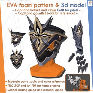 Capitano (The Captain) Eleven Fatui Harbingers - Elmo, Guanto, Artigli - Genshin Impact / Cosplay PDF pattern & template + 3D STL
