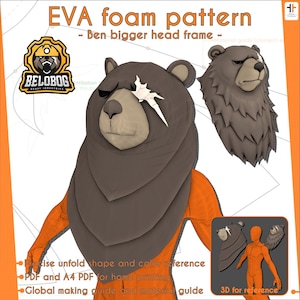 Puede incluir: Imagen de un patrón de cabeza de oso hecho de espuma EVA. El diseño incluye una cabeza de oso marrón con una melena marrón oscuro y un detalle de cicatriz blanca. El texto de la imagen dice "EVA foam pattern - Ben bigger head frame". El texto adicional incluye "Precise unfold shape and color reference".