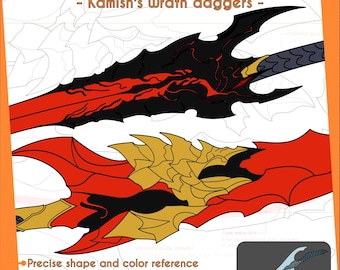 May include: A digital pattern for crafting two fantasy daggers out of EVA foam. The pattern includes a detailed outline of the daggers, color reference, and instructions for making them. The daggers are black, red, and gold.
