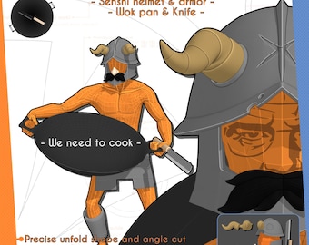 Senshi the dwarf Helmet, Armor, Wok pan, knife | Inspire cosplay pattern template & 3D print