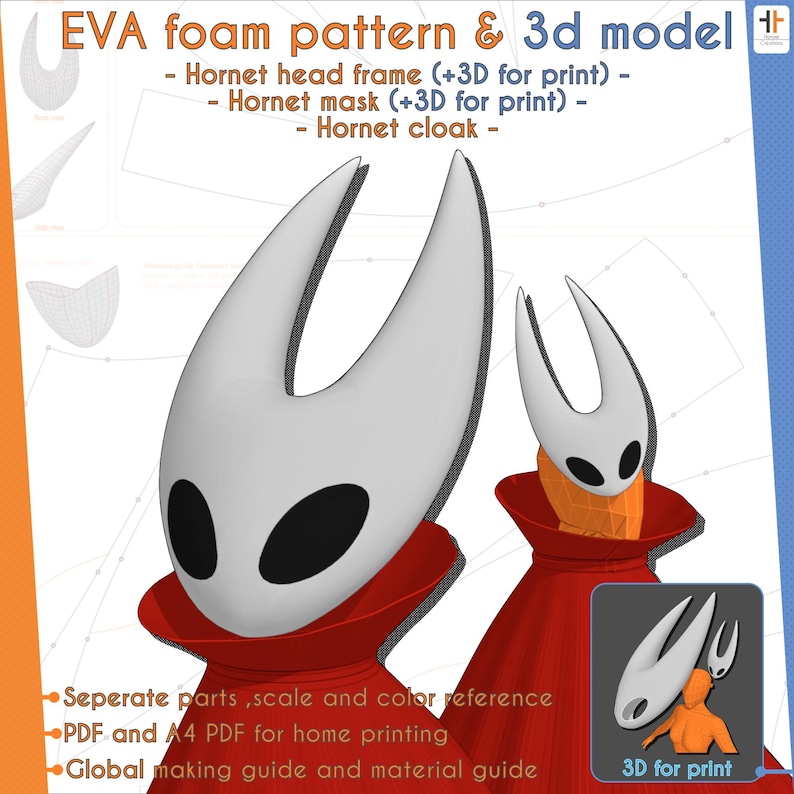 May include: A digital design for a Hornet cosplay, featuring a white and red color scheme. The image includes a 3D model of the Hornet's head, mask, and cloak, with text indicating EVA foam pattern and 3D model. Additional text provides details on printing and guides.