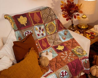 Coperta autunnale all'uncinetto fatta a mano - Coperta quadrata autunnale della nonna - Coperta all'uncinetto testurizzata - Accogliente arredamento autunnale per la casa
