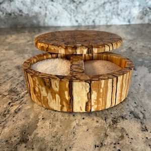 Beautiful Spalted Alder salt cellar. Double oval salt cellar for gourmet cooks that use different salts or pepper and spices.
