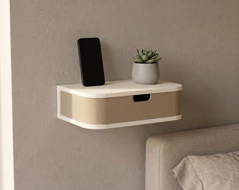 Floating Nightstand with Drawer - White and Walnut, Modern 3D Printed Wall Shelf, Bedside Organizer
