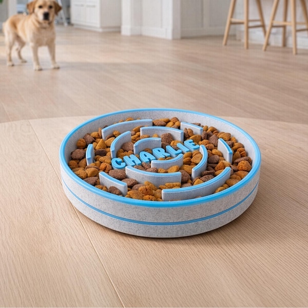 Personalized Slow Feeder Dog Bowl – Custom Name, 3D Printed, Marble Style, Multiple Sizes & Colors