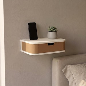Floating Nightstand with Drawer - White and Walnut, Modern 3D Printed Wall Shelf, Bedside Organizer
