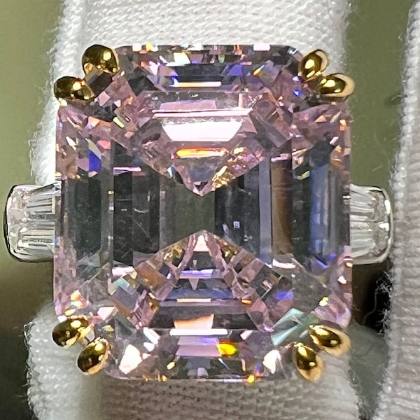 9CT Emerald Cut Pink Sapphire Lab 925 Sterling Silver Statement Ring