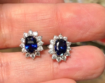 Natural Oval Cut Blue & White Sapphire Halo Stud Earrings - September Birthstone