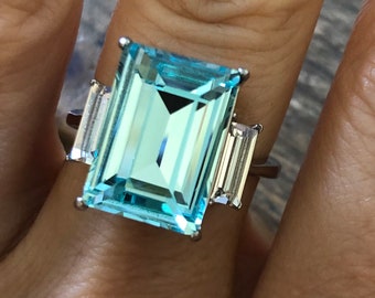 15.5 Carat Aquamarine Engagement Wedding Blue Stone Ring 925 Real Solid Silver
