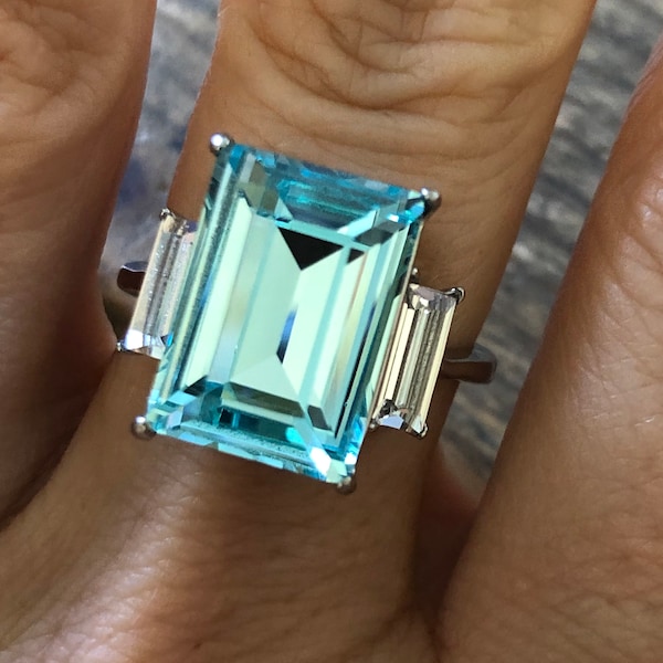 9CT Emerald Cut Blue Aquamarine Stainless Steel - March Birthstone - Statement Ring