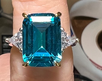 9CT Emerald Cut Blue Aquamarine 925 Sterling Silver & Trillion Accents- March Birthstone - Statement Ring