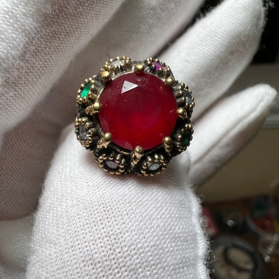 Vintage Earth Mined 5.9CT Red Ruby Halo Ring Enga… - image 1