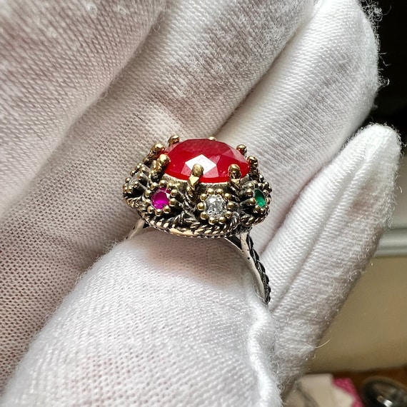 Vintage Earth Mined 5.9CT Red Ruby Halo Ring Enga… - image 3