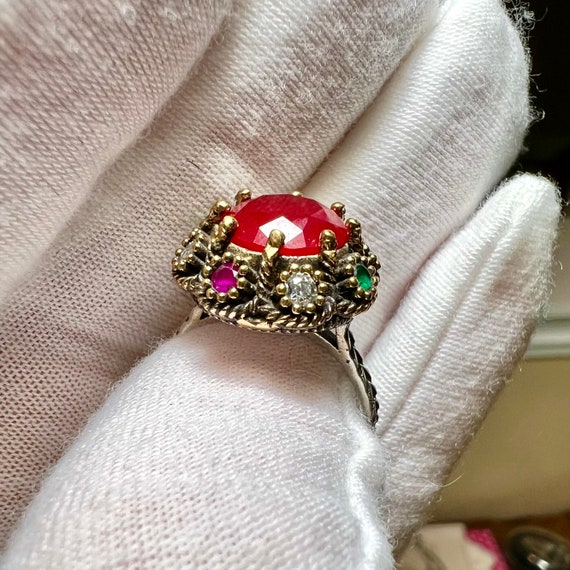 Vintage Earth Mined 5.9CT Red Ruby Halo Ring Enga… - image 5