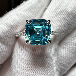 3CT Asscher Cut Cyan Created Blue Tourmaline Hidden Halo Ring - October Birthstone