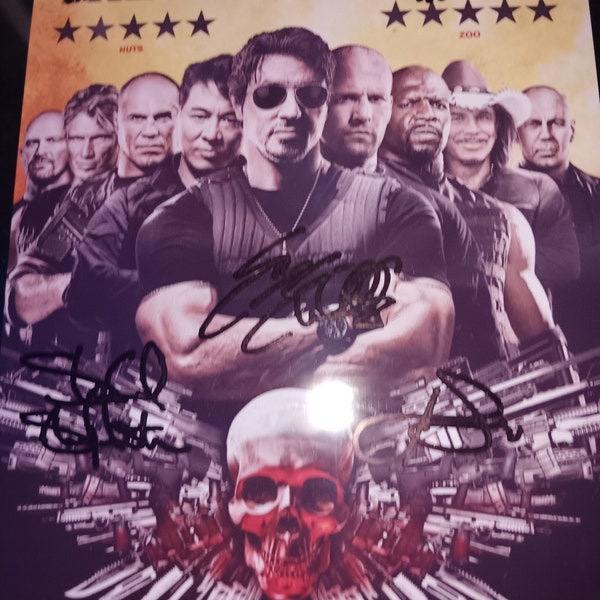 Sylvester stallone, Arnold Schwarzenegger, Bruce Willis, Jason Statham, Steve Austin autographed promo with coa. Approximately 8x10 inches