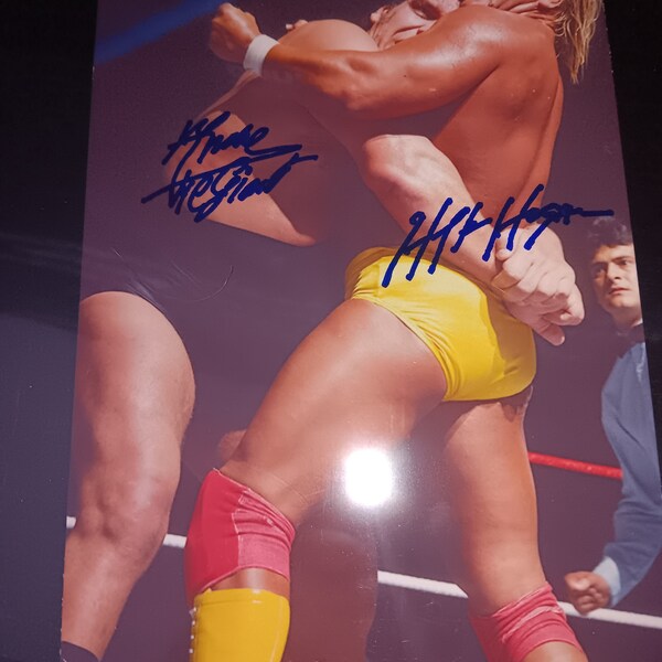 Andre The Giant, Hulk Hogan autographed promo with coa. Approximately 8x10 inches