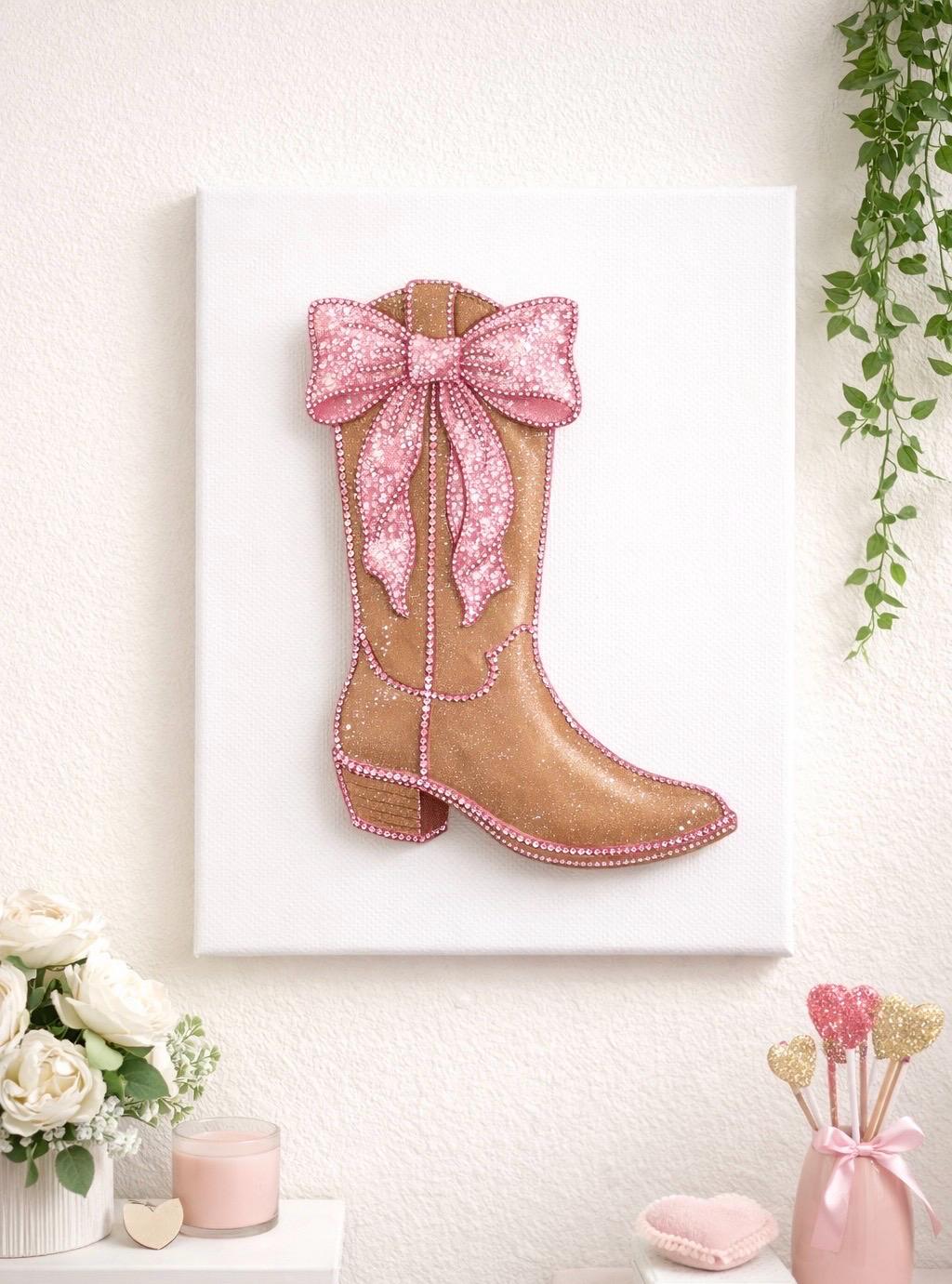 Pink Bow Cowgirl Boot Rhinestone Canvas | Western Glam Wall Art | DIY ...