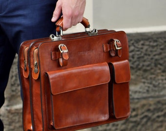 Leather Briefcase for Men, Leather Messenger Bag, Leather 15" Laptop Bag, Vintage Briefcase, Christmas Gift for Him // Munich Tan