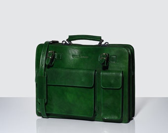 Munich Green - Double Compartment Leather Briefcase