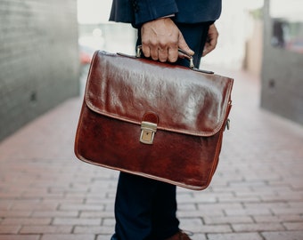 Leather Briefcase for Men, Leather Messenger Bag, Leather 15" Laptop Bag, Classic Briefcase, Christmas Gift for Him // Milan Brown