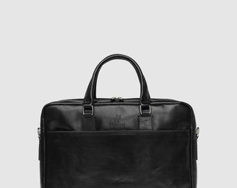 Leather Briefcase for Men, Leather Messenger Bag, Leather 15" Laptop Bag, Work Bag, Christmas Gift for Him // Tokyo Black