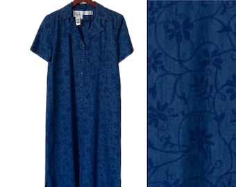 KARIN STEVENS Vtg Denim Shirt Dress Maxi Printed Denim Floral Sz M