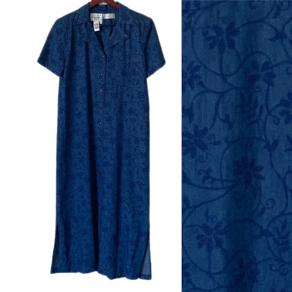 KARIN STEVENS Vtg Denim Shirt Dress Maxi Printed … - image 1